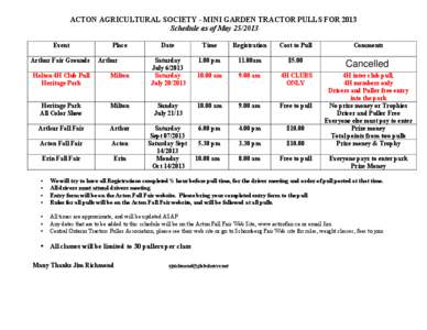 2013 Schedule for Mini Tractors