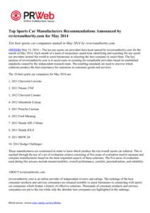 Top Sports Car Manufacturers Recommendations Announced by reviewauthority.com for May 2014 Ten best sports car companies named in May 2014 by reviewauthority.com. (PRWEB) May 15, [removed]The ten top sports car providers 
