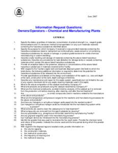 Information Request Questions: Owners/Operators - Chemical and Manufacturing Plants