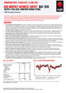 EMBARGOED UNTIL: 11:30AM AEST, 12 JUNENAB MONTHLY BUSINESS SURVEY MAY 2018 DESPITE A PULL-BACK, CONDITIONS REMAIN STRONG NAB Australian Economics There was a pull-back in business conditions in May after reaching 