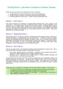 The Big Picture – Outcomes of Conference ‘Plenary’ Sessions Conference plenary sessions were designed to achieve 3 purposes: 1. To pull together everyone’s learning from the whole group sessions. 2. To build a se