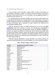 IV. Defining Regions There are many ways to identify a region within a country: according to its administrative boundaries, whether it represents an electoral district, according to the space where people travel to work,