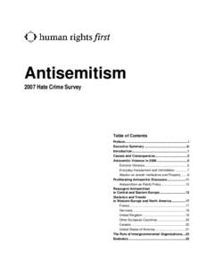 Antisemitism 2007 Hate Crime Survey Table of Contents Preface.......................................................................i Executive Summary ...............................................iii