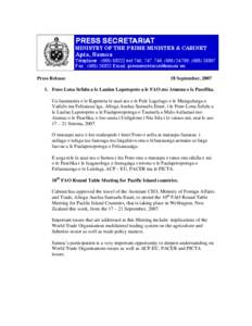 PRESS SECRETARIAT  MINISTRY OF THE PRIME MINISTER & CABINET Apia, Samoa Telephone : ([removed]ext 746, 747, 748, ([removed], ([removed]