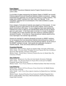 Press Release 2002 ANREP Educational Materials Awards Program Results Announced June 6, 2002 A committee of judges representing the Western Region of ANREP has recently finished judging the annual Educational Materials A