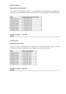 Bekanntmachung Tilgung durch die Emittentin Die Emittentin macht gemäß § 3 Abs. (5) der Bedingungen von ihrem Recht zur Kündigung und Tilgung der unten aufgeführten Produkte mit Wirkung zum Ausübungstag der Emitten