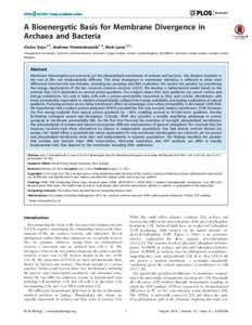 A Bioenergetic Basis for Membrane Divergence in Archaea and Bacteria Vı´ctor Sojo1,2, Andrew Pomiankowski1,2, Nick Lane1,2* 1 Department of Genetics, Evolution and Environment, University College London, London, United