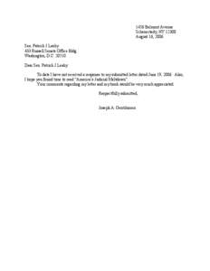 1456 Belmont Avenue Schenectady, NY[removed]August 16, 2006 Sen. Patrick J Leahy 433 Russell Senate Office Bldg. Washington, D.C[removed]