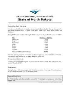 Amtrak Fact Sheet, Fiscal Year[removed]State of North Dakota Amtrak Service & Ridership  Amtrak serves North Dakota with one long distance train, the Empire Builder (Chicago-Minneapolis/St.