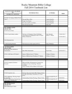 Rocky Mountain Bible College Fall 2014 Textbook List FACULTY NAME AND PHONE NO.  TEXTBOOK TITLE