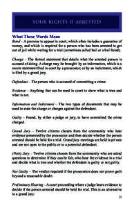 your rights if arrested What These Words Mean Bond – A promise to appear in court, which often includes a guarantee of money, and which is required for a person who has been arrested to get out of jail while waiting fo