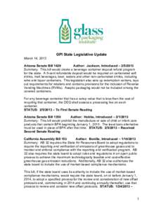 GPI State Legislative Update March 14, 2013 Arizona Senate Bill 1429 Author: Jackson, Introduced – [removed]Summary: This bill would create a beverage container deposit refund program for the state. A 5-cent refundable