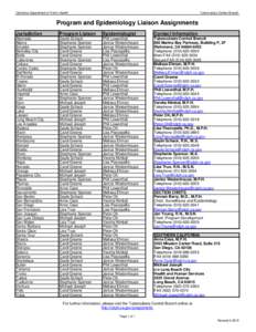 California Department of Public Health  Tuberculosis Control Branch Program and Epidemiology Liaison Assignments Jurisdiction