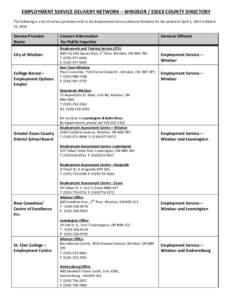 EMPLOYMENT SERVICE DELIVERY NETWORK – WINDSOR / ESSEX COUNTY DIRECTORY The following is a list of service providers with in the Employment Service Delivery Network for the period of April 1, 2013 to March 31, 2014. Ser