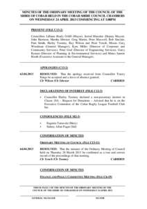 MINUTES OF THE ORDINARY MEETING OF THE COUNCIL OF THE SHIRE OF COBAR HELD IN THE COBAR SHIRE COUNCIL CHAMBERS ON WEDNESDAY 24 APRIL 2013 COMMENCING AT 5.08PM PRESENT (FILE C13-2) Councillors Lilliane Brady OAM (Mayor), J