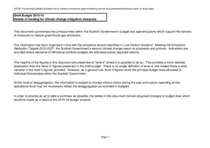 (NOTE: For printing highlight all sheets first to achieve consecutive page numbering and set print preferences/binding location to short edge)  Draft Budget[removed]Details of funding for climate change mitigation measur