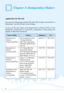 Chapter 3: Immigration Matters Application for ID card You must get a Hong Kong identity (ID) card within 30 days of your arrival in Hong Kong. Your first ID card is free of charge. To get your ID card, apply at the Regi