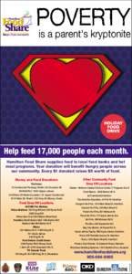 Help feed 17,000 people each month. Hamilton Food Share supplies food to local food banks and hot meal programs. Your donation will benefit hungry people across our community. Every $1 donated raises $5 worth of food. Fo