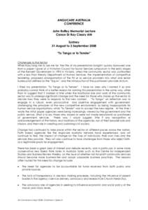 ANGLICARE AUSTRALIA CONFERENCE John Roffey Memorial Lecture Canon Dr Ray Cleary AM Sydney 31 August to 3 September 2008