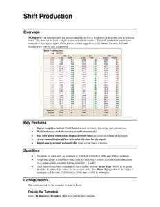 Shift Production Overview XLReporter can automatically log process data into an Excel worksheet in different cells at different times. The data can be from a single source or multiple sources. The shift production report