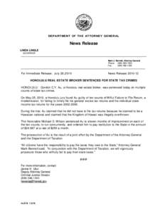 DEPARTMENT OF THE ATTORNEY GENERAL  News Release LINDA LINGLE GOVERNOR