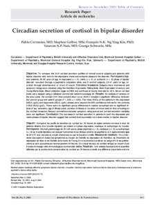 Return to November 2001 Table of Contents  Research Paper Article de recherche  Circadian secretion of cortisol in bipolar disorder