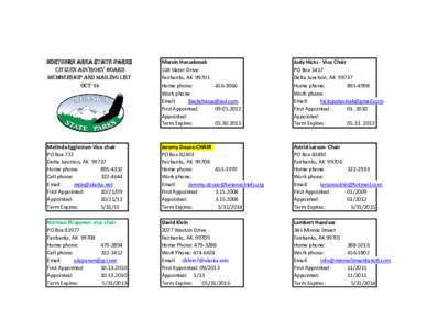 NORTHERN AREA STATE PARKS CITIZEN ADVISORY BOARD MEMBERSHIP AND MAILING LIST Oct-14  Marvin Hassebroek