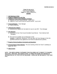 POSTED[removed]TOWN OF MILLVILLE Town Council Meeting August 12, [removed]:00 p.m.) AGENDA 1. Call Meeting to Order