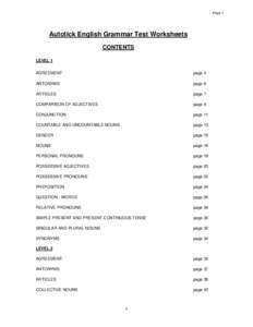 Page 1  Autotick English Grammar Test Worksheets CONTENTS LEVEL 1 AGREEMENT