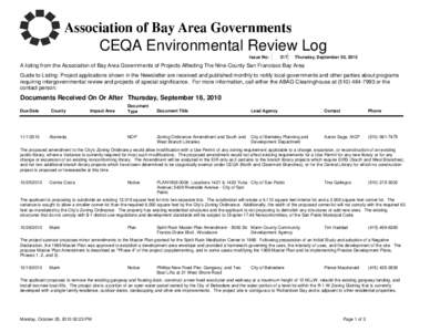 CEQA Environmental Review Log Issue No: 317  Thursday, September 30, 2010