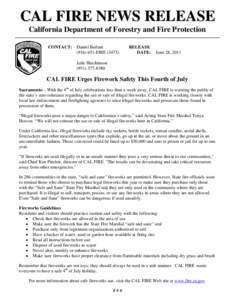 CAL FIRE NEWS RELEASE California Department of Forestry and Fire Protection CONTACT: Daniel Berlant[removed]FIRE[removed]RELEASE