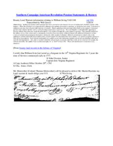 Southern Campaign American Revolution Pension Statements & Rosters Bounty Land Warrant information relating to William Irving VAS1348 Transcribed by Will Graves vsl 1VA[removed]