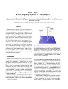 Social LSTM: Human Trajectory Prediction in Crowded Spaces Alexandre Alahi∗ , Kratarth Goel∗, Vignesh Ramanathan, Alexandre Robicquet, Li Fei-Fei, Silvio Savarese Stanford University {alahi,kratarth,vigneshr,arobicqu