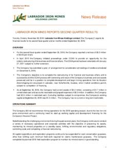 Labrador Iron Mines News Release News Release  LABRADOR IRON MINES REPORTS SECOND QUARTER RESULTS