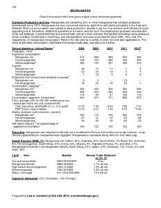 100  MANGANESE (Data in thousand metric tons gross weight unless otherwise specified) Domestic Production and Use: Manganese ore containing 35% or more manganese has not been produced domestically since[removed]Manganese o