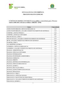 DIVULGAÇÃO DA CONCORRÊNCIA PROCESSO SELETIVO IFPR 2015 O INSTITUTO FEDERAL DO PARANÁ torna pública a concorrência para o Processo Seletivo IFPR 2015, referente ao Edital nº. IFPR: Curso