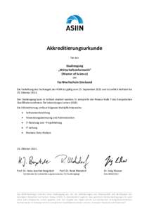 Akkreditierungsurkunde für den Studiengang „Wirtschaftsinformatik“ (Master of Science)