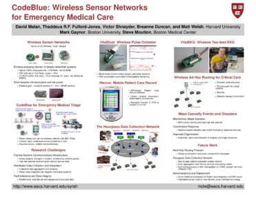 CodeBlue: Wireless Sensor Networks for Emergency Medical Care David Malan, Thaddeus R.F. Fulford-Jones, Victor Shnayder, Breanne Duncan, and Matt Welsh, Harvard University Mark Gaynor, Boston University, Steve Moulton, B