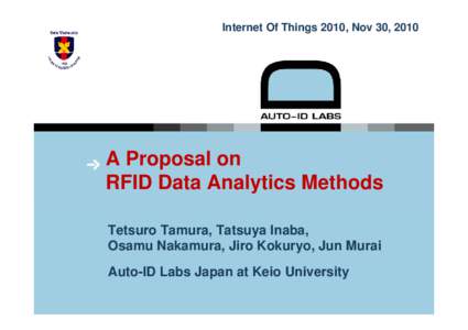 Internet Of Things 2010, Nov 30, 2010  A Proposal on RFID Data Analytics Methods Tetsuro Tamura, Tatsuya Inaba, Osamu Nakamura, Jiro Kokuryo, Jun Murai