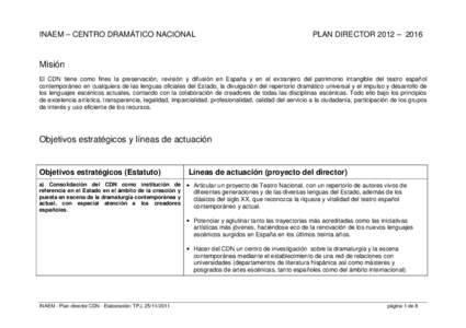 INAEM – CENTRO DRAMÁTICO NACIONAL  PLAN DIRECTOR 2012 – 2016 Misión El CDN tiene como fines la preservación, revisión y difusión en España y en el extranjero del patrimonio intangible del teatro español