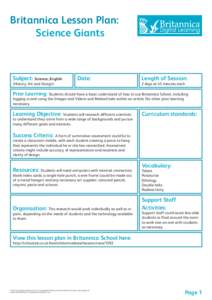 Britannica Lesson Plan: 		Science Giants Subject: Science, English (History, Art and Design)