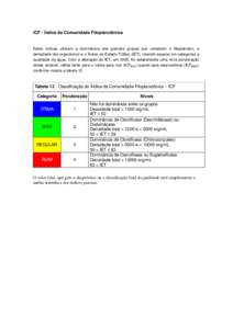 ICF - Índice da Comunidade Fitoplanctônica  Estes índices utilizam a dominância dos grandes grupos que compõem o fitoplâncton, a densidade dos organismos e o Índice de Estado Trófico (IET), visando separar em cat