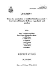 R (on the application of Smith) (FC) (Respondent) v Secretary of State for Defence (Appellant) and another