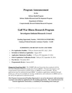 Program Announcement for the Defense Health Program Defense Medical Research and Development Program Department of Defense Congressionally Directed Medical Research Programs