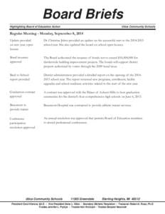 Board Briefs Highlighting Board of Education Action Utica Community Schools  Regular Meeting - Monday, September 8, 2014