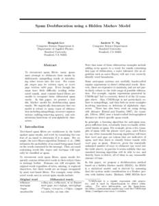 Spam Deobfuscation using a Hidden Markov Model  Honglak Lee Computer Science Department & Department of Applied Physics Stanford University