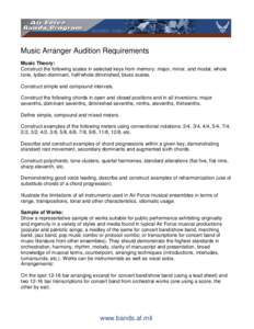 Music Arranger Audition Requirements Music Theory: Construct the following scales in selected keys from memory: major, minor, and modal, whole tone, lydian-dominant, half/whole diminished, blues scales. Construct simple 