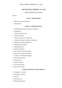 THE INDUSTRIAL PROPERTY ACT, 2001  THE INDUSTRIAL PROPERTY ACT, 2001 ARRANGEMENT OF SECTIONS Section PART 1 - PRELIMINARY