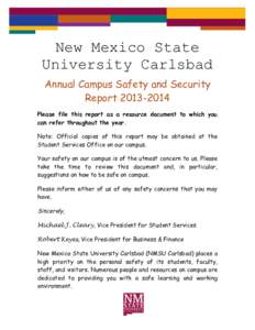 New Mexico State University Carlsbad Annual Campus Safety and Security ReportPlease file this report as a resource document to which you can refer throughout the year.