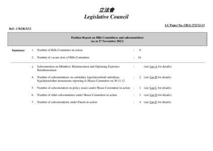 立法會 Legislative Council LC Paper No. CB[removed]Ref : CB2/R/2/12 Position Report on Bills Committees and subcommittees (as at 27 November 2012)